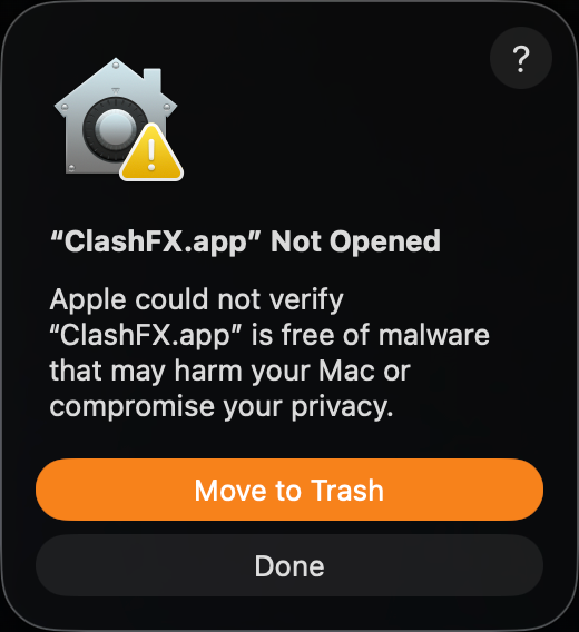 macOS security dialog blocking ClashFX